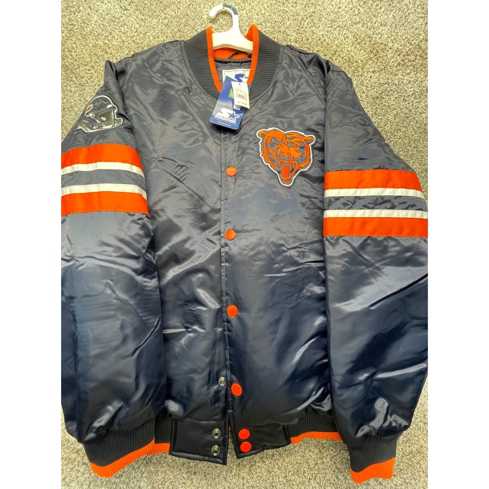Starter Chicago Bears Varsity Jacket Men L Navy Blue NEW Satin Snap LS600U11